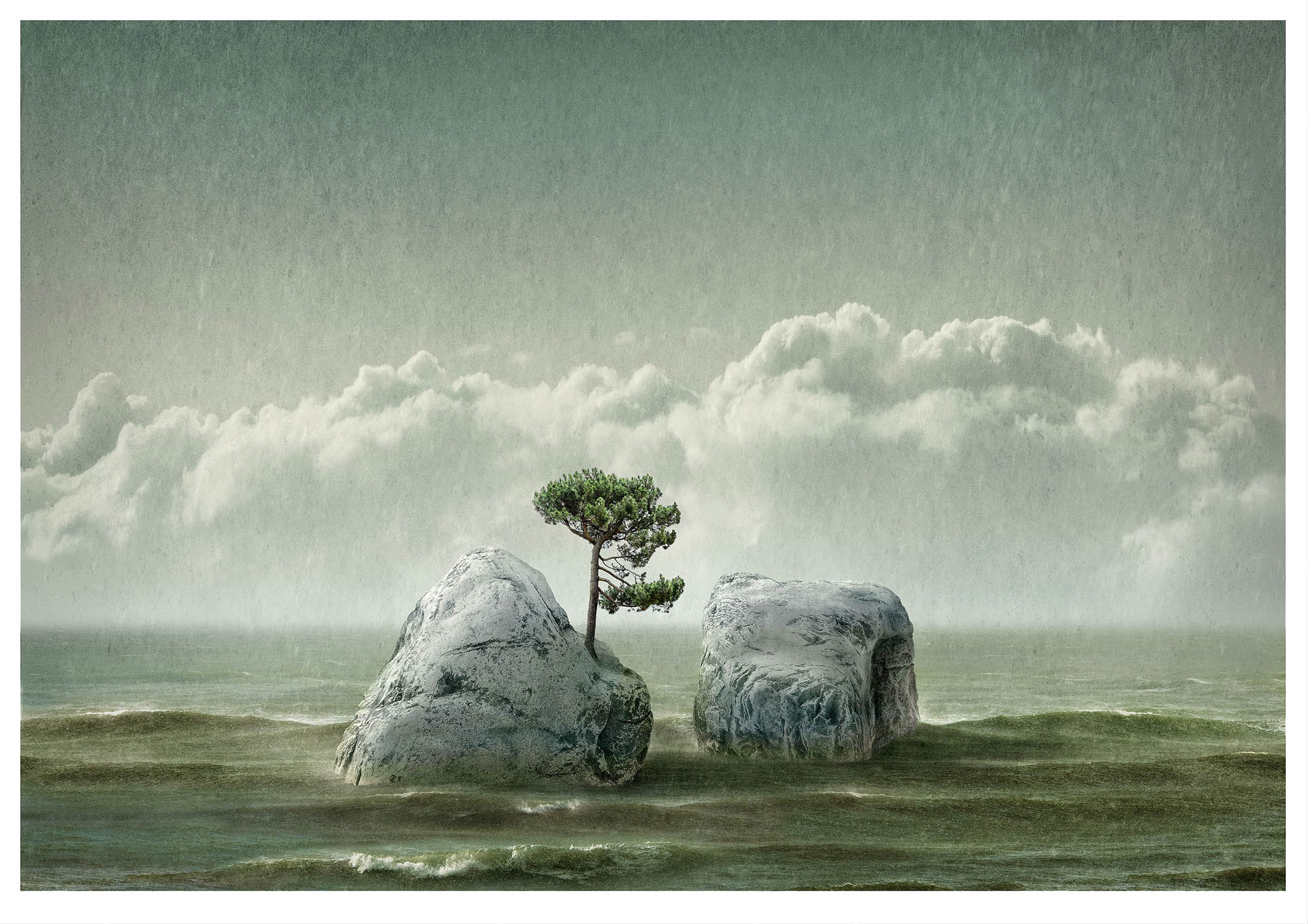 Illustrative fantasy, composite photograph with two small islands with one pine tree in middle of a sea